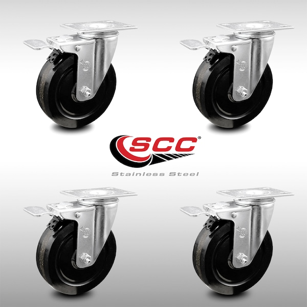 5 Inch SS Phenolic Top Plate Caster Set Total Lock Brake